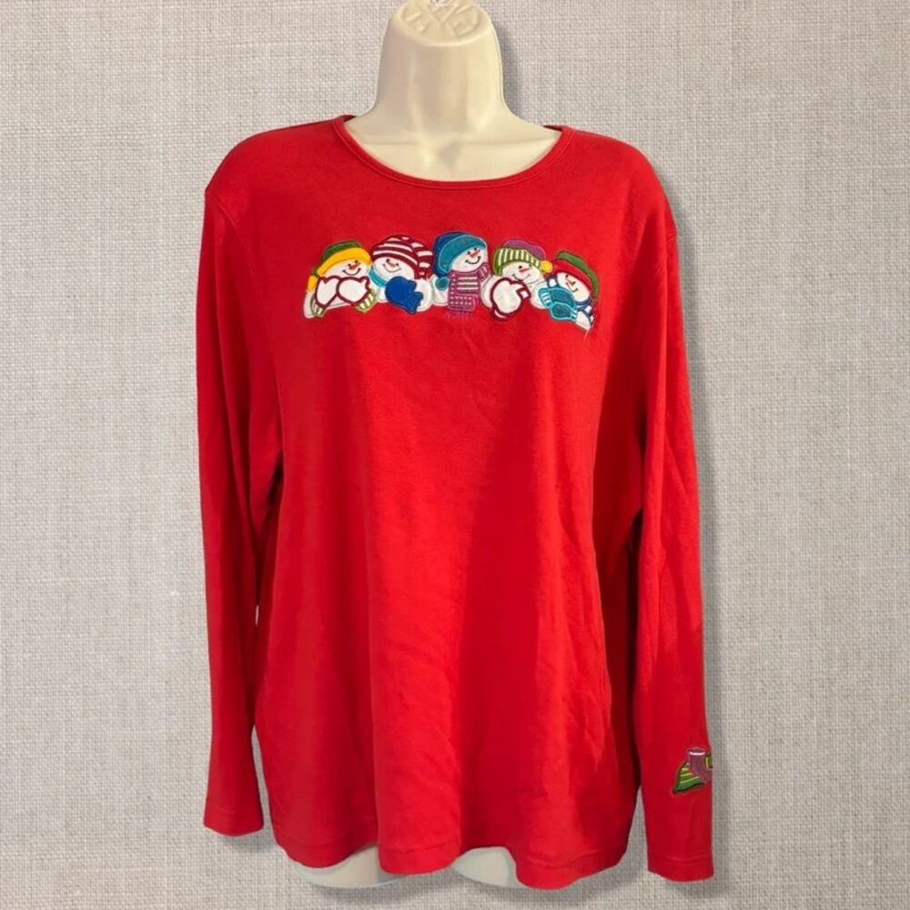 Mercer Street Studio Womens XL Christmas Snowman Red Holiday Applique Shirt